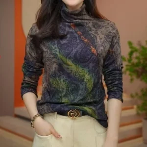 Women's Clothing Autumn Winter Vintage Print Thick Warm Basic T-shirts Female Elegant High Collar Long Sleeve Slim Pullover Tops