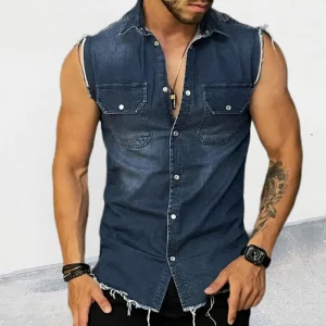 Denim Tank Tops Men's Trendy Shirts Denim Cardigan Lapel Sleeveless Top Men Tank Top Singlet Men Summer Clothing Streetwear