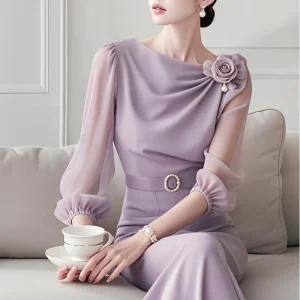 New women's clothing set for early autumn, light luxury, high-end, feminine purple chiffon shirt blouse women