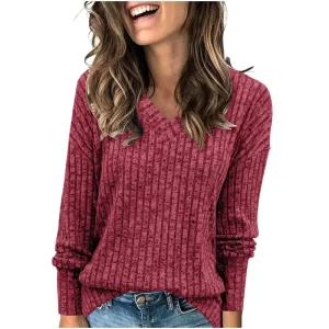Women's Clothing European American Women's Long-sleeved Sweaters V-neck T-shirt Pitted Brushed Fashion Top Pullovers