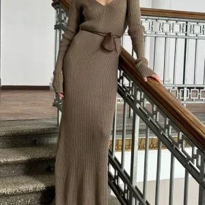 Female Clothing 2025 New in Autumn and Winter Fashion Solid Color V-neck Long Sleeve Slim Elegant Casual Women’s Dresses